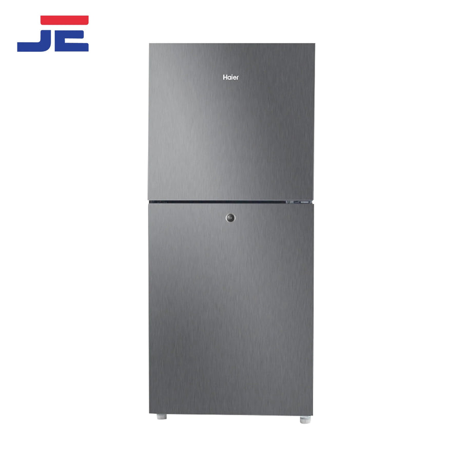 Haier E-Star top mount refrigerator with freezer on top, in silver color.